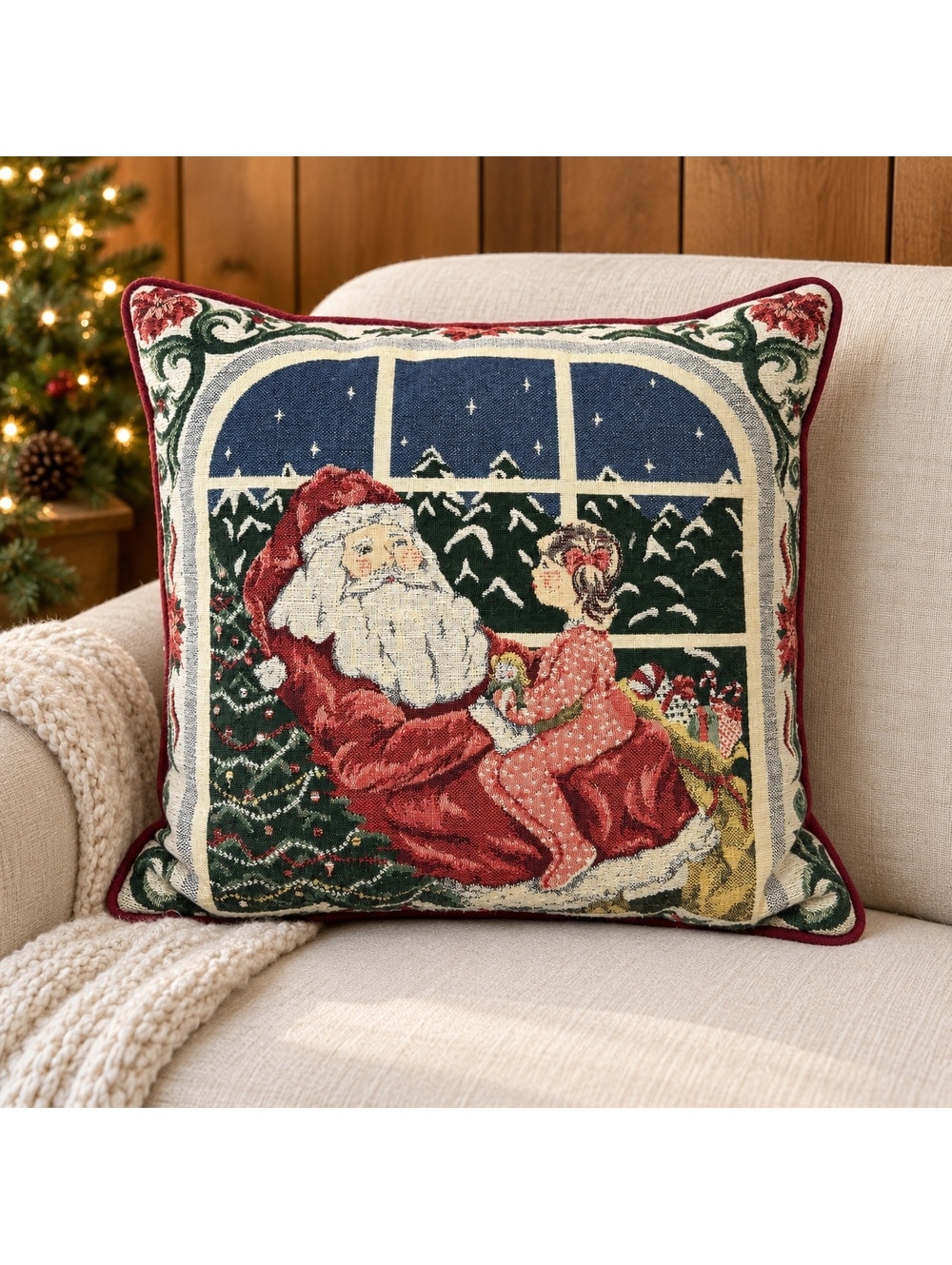 Vintage Christmas Tapestry Pillow Riverdale Santa With Child Soft Holiday 16x16